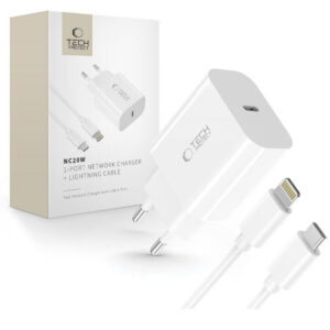 Tech-Protect sieninis įkroviklis NC20W su 100 cm USB-C / Lightning laidu - baltas
