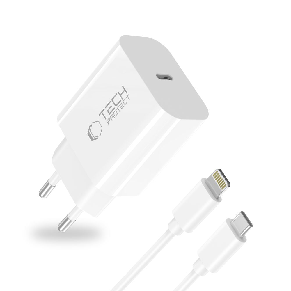 Tech-Protect sieninis įkroviklis NC20W su 100 cm USB-C / Lightning laidu - baltas