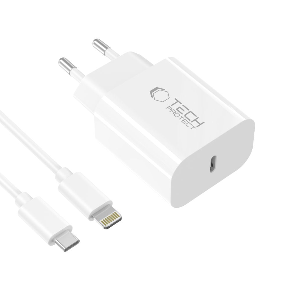 Tech-Protect sieninis įkroviklis NC20W su 100 cm USB-C / Lightning laidu - baltas