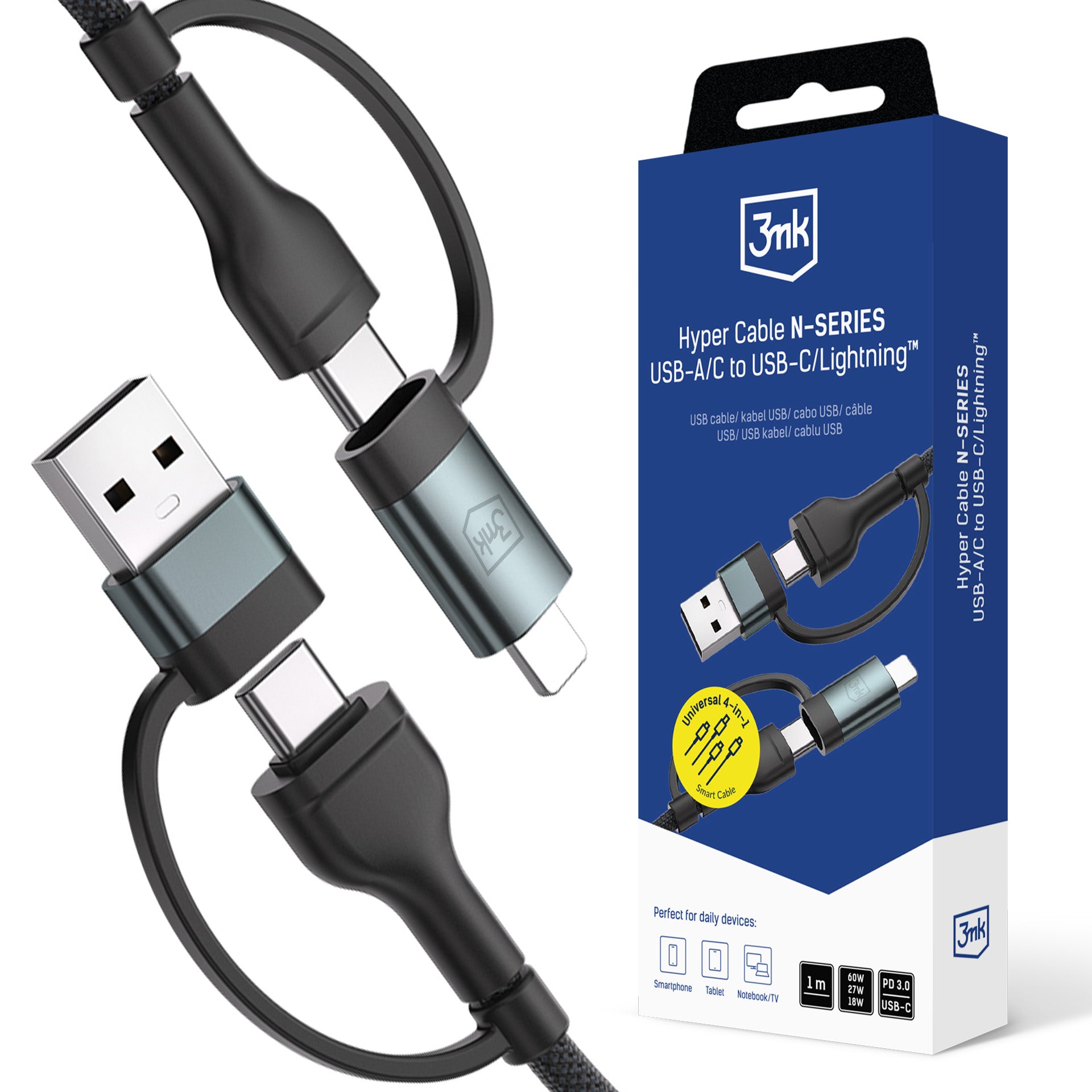 3mk Hyper Laidas N-SERIES 2 in 2 USB-A / USB-C ir USB-C / Lightning 1.2m QC 3.0 9V/2A 60W - juodas