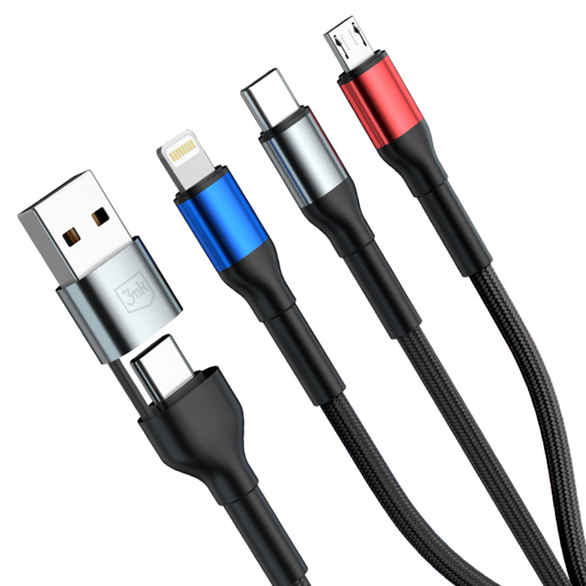 3mk Hyper Laidas N-SERIES 6 in 1 USB-C / USB-A į USB-C / Lightning / Micro 1.2m QC 3.0 9V / 2A 18W - juodas
