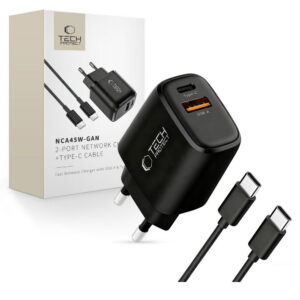 Tech-Protect sieninis įkroviklis NCA45W-GAN 2-Port 45W su USB-C laidu - juodas
