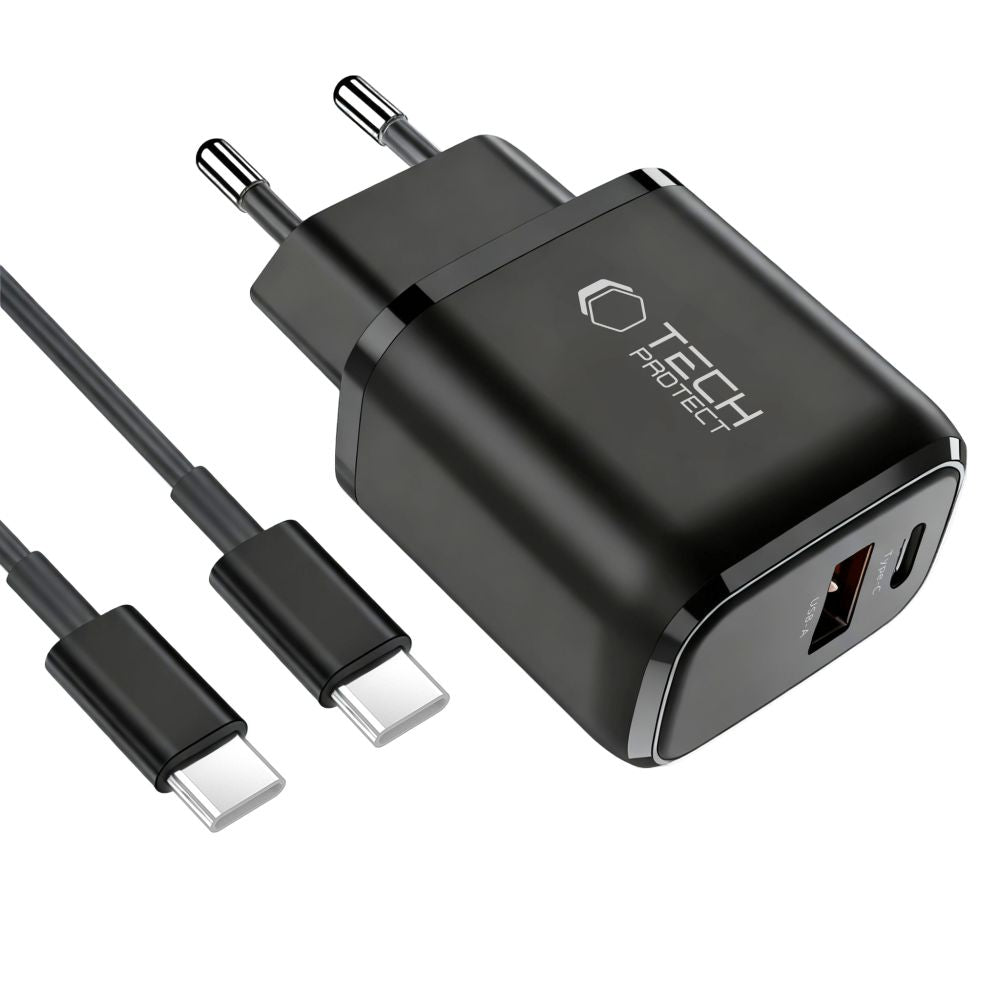 Tech-Protect sieninis įkroviklis NCA45W-GAN 2-Port 45W su USB-C laidu - juodas