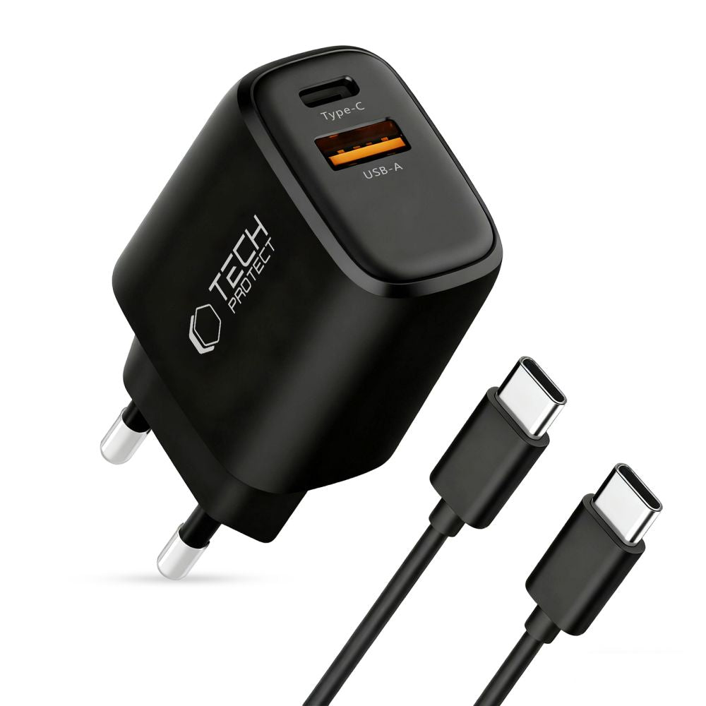 Tech-Protect sieninis įkroviklis NCA45W-GAN 2-Port 45W su USB-C laidu - juodas