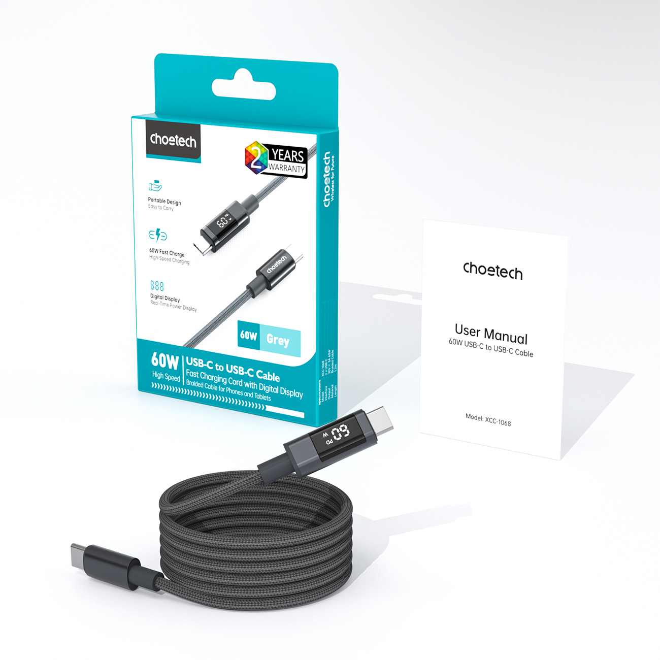 Choetech XCC-1068 __TK1__ 60__TK2__ USB-C - USB-C Kabelis su ekranu 1.2 m - juodas