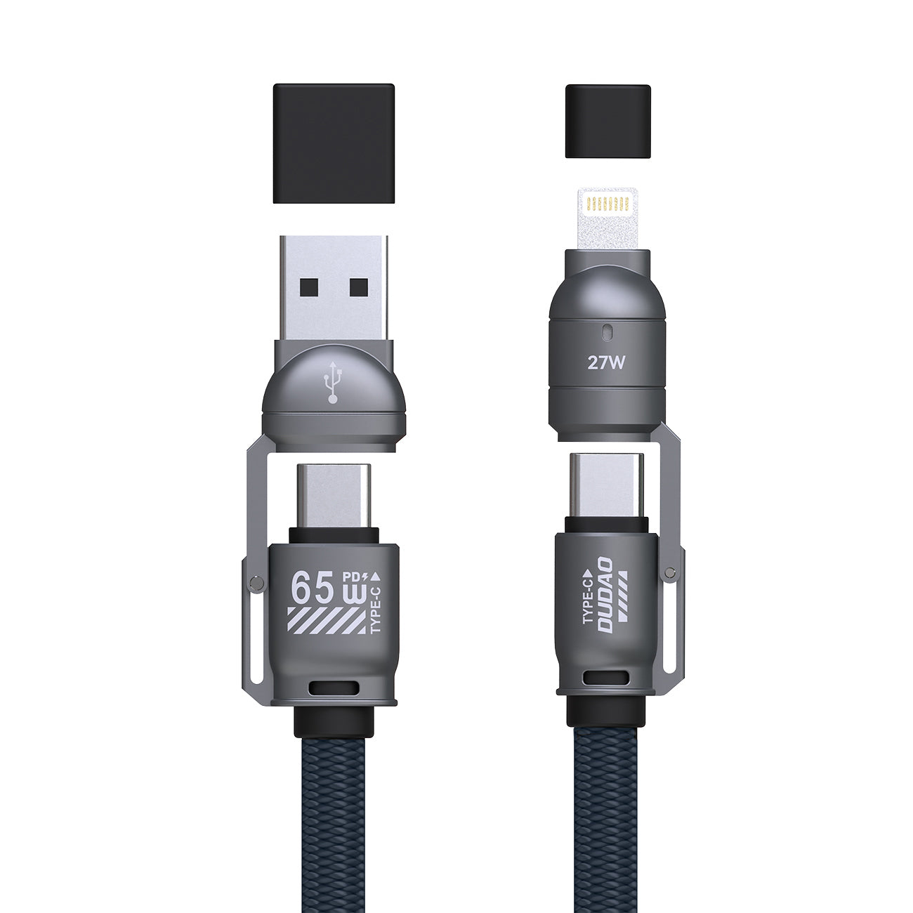 Dudao L20Max 65W 4-in-1 laidas su dirželiu USB-C į USB-C su Lightning ir USB-A adapteriais - Mėlynas