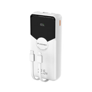 Wozinsky WFC-15W 20000mAh 22.5W PD20W PowerBank su integruotais Lightning ir USB-C kabeliais – Baltas