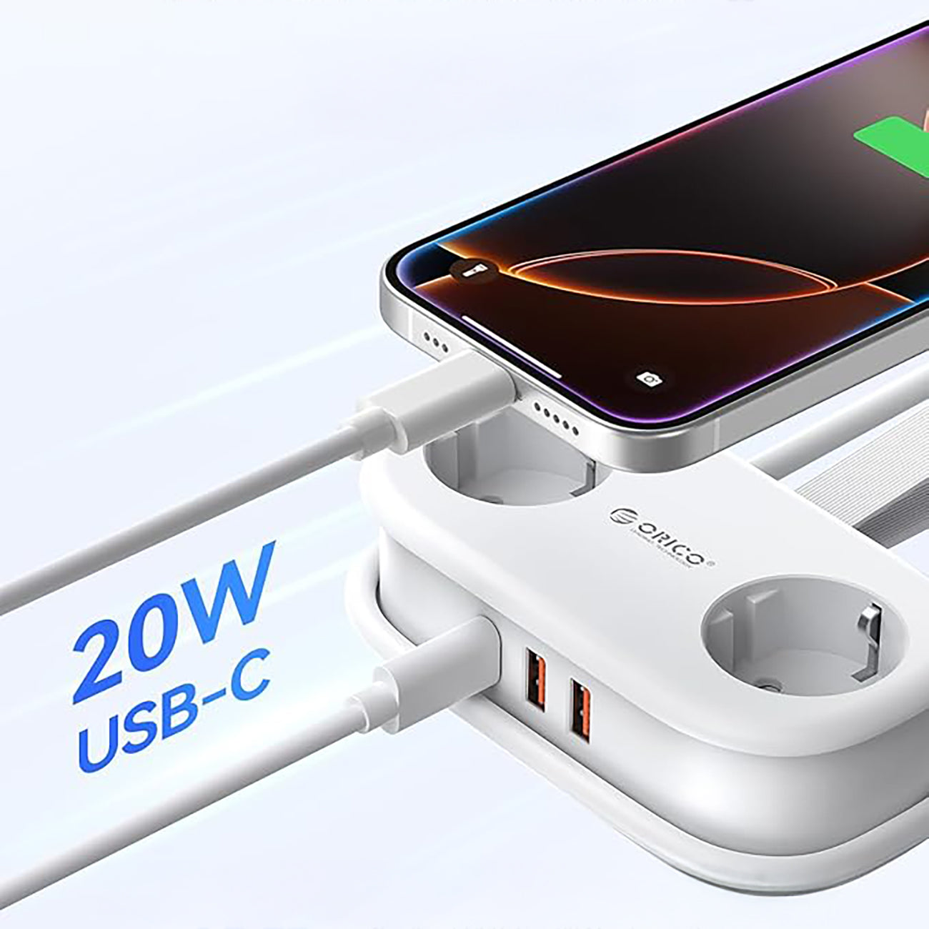 Orico AP3 20W GaN 5in1 maitinimo šakotuvas 2x AC + 2x USB-A + 1x USB-C – baltas