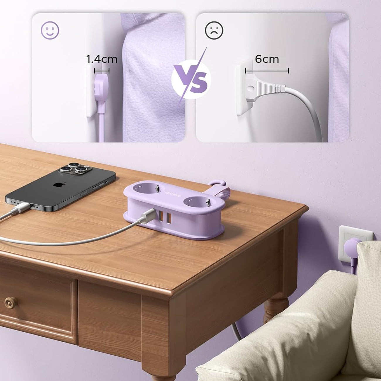 Orico AP3 20W GaN 5in1 maitinimo šakotuvas 2x AC + 2x USB-A + 1x USB-C – violetinis