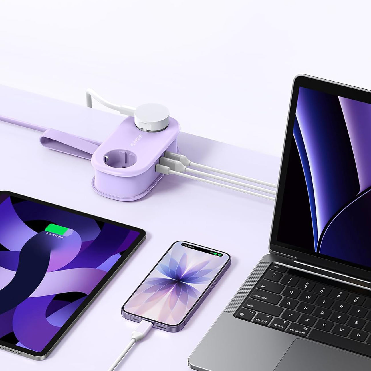 Orico AP3 20W GaN 5in1 maitinimo šakotuvas 2x AC + 2x USB-A + 1x USB-C – violetinis