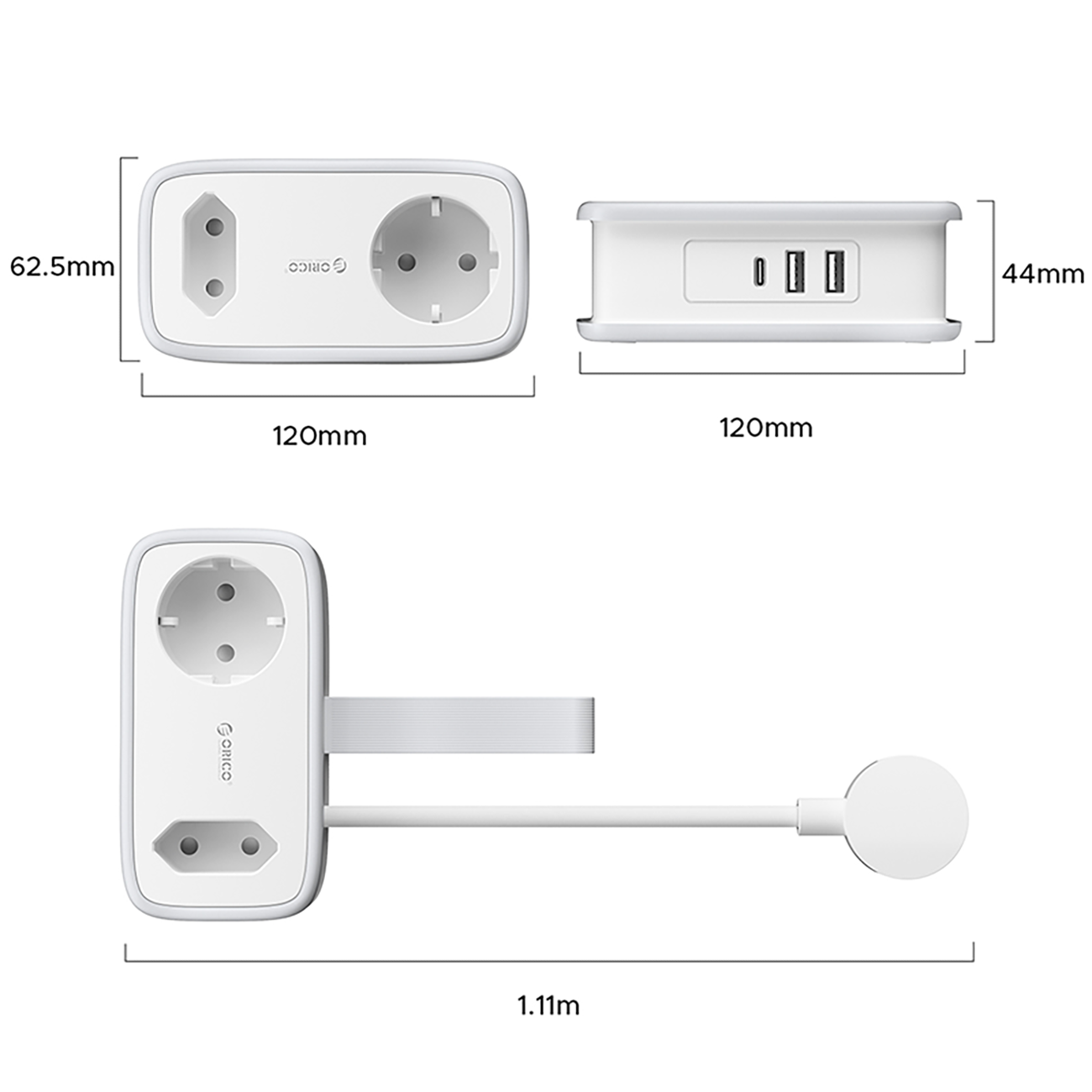 Orico APP 15,5W 5in1 maitinimo šakotuvė 2x AC + 2x USB-A + 1x USB-C - balta