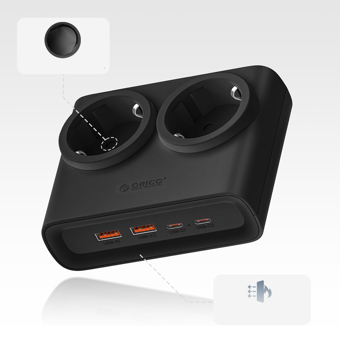 Orico PDC25 25W 6in1 prailgintuvas 2x AC + 2x USB-A + 2x USB-C - juodas