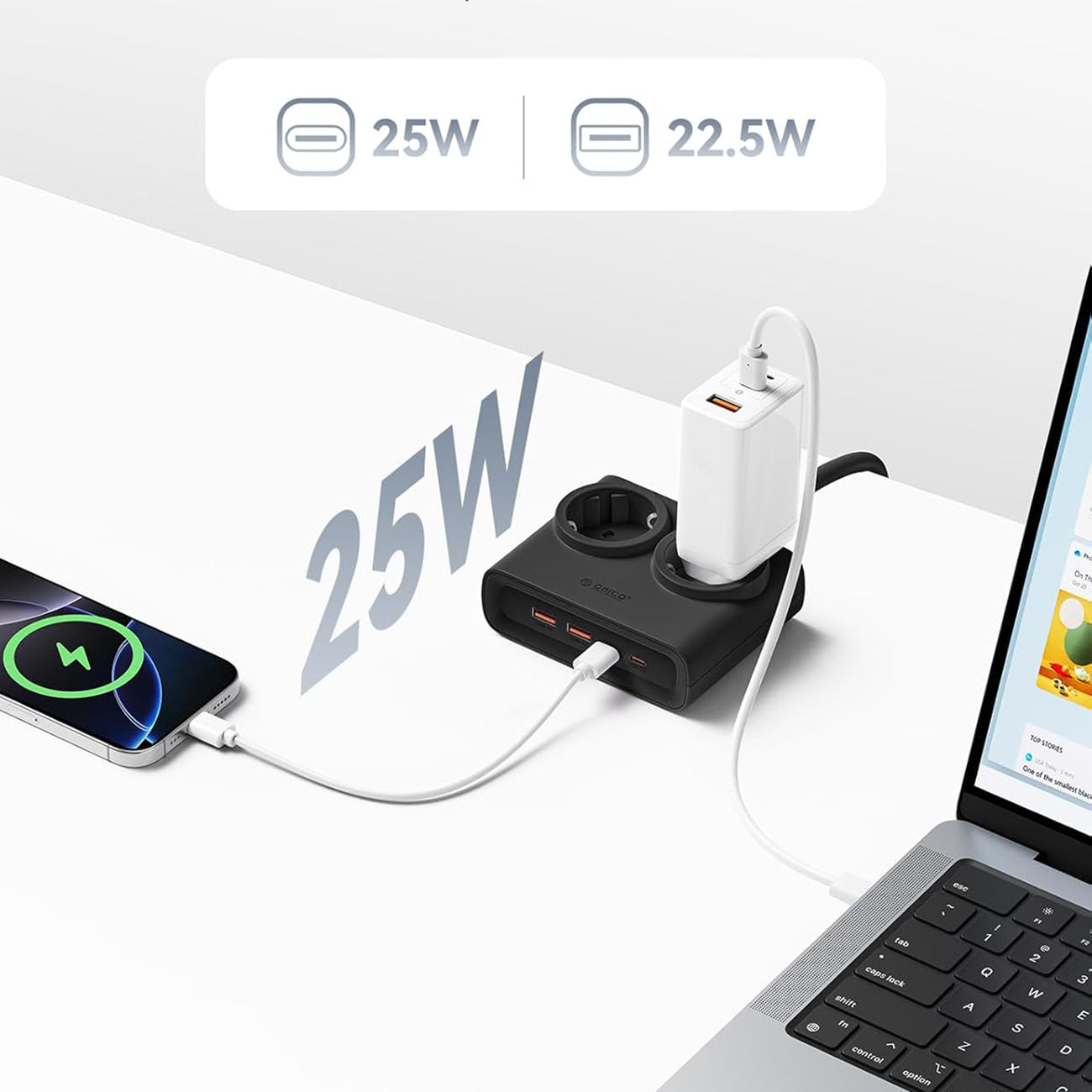 Orico PDC25 25W 6in1 prailgintuvas 2x AC + 2x USB-A + 2x USB-C - juodas