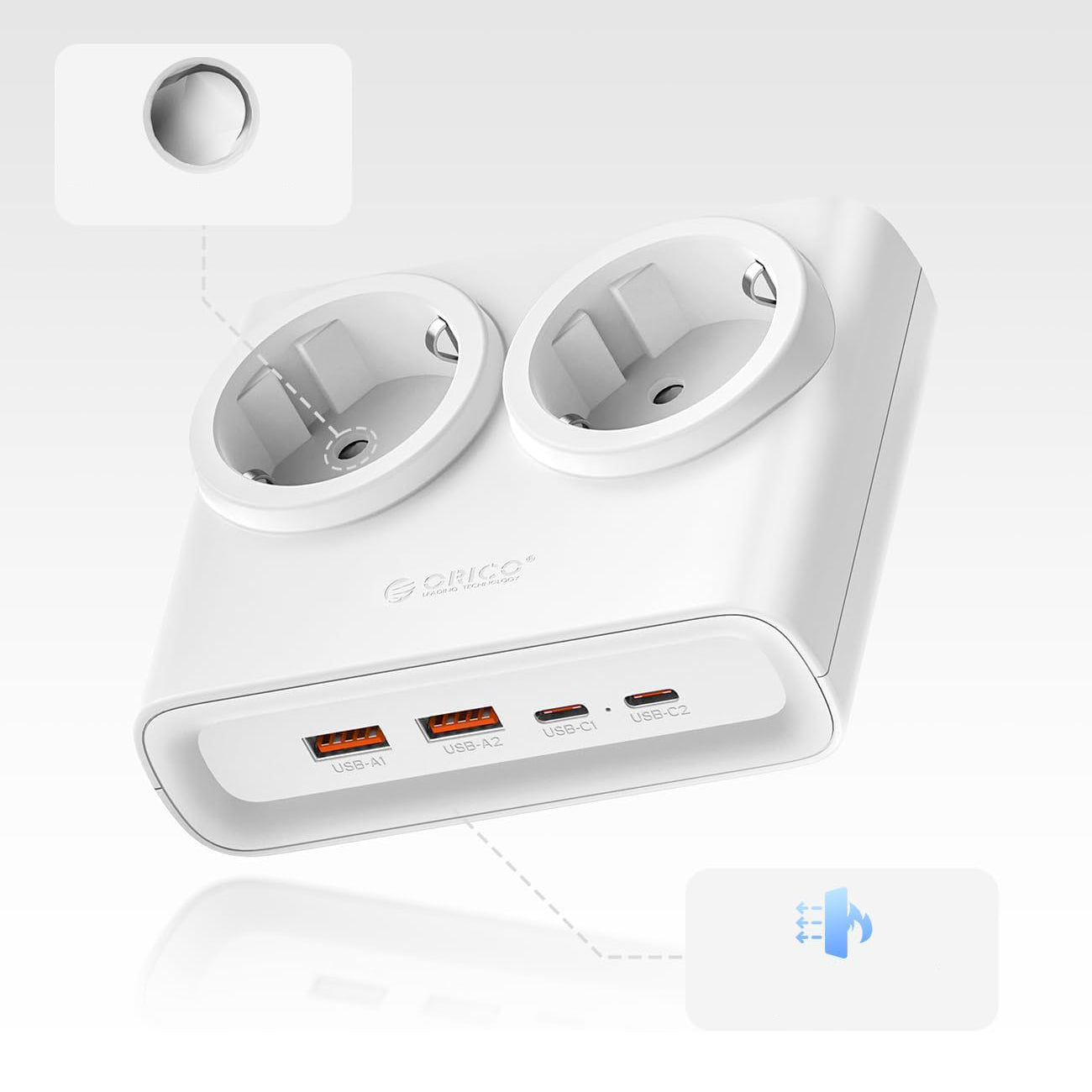 Orico PDC25 25W 6in1 prailgintuvas 2x AC + 2x USB-A + 2x USB-C - baltas