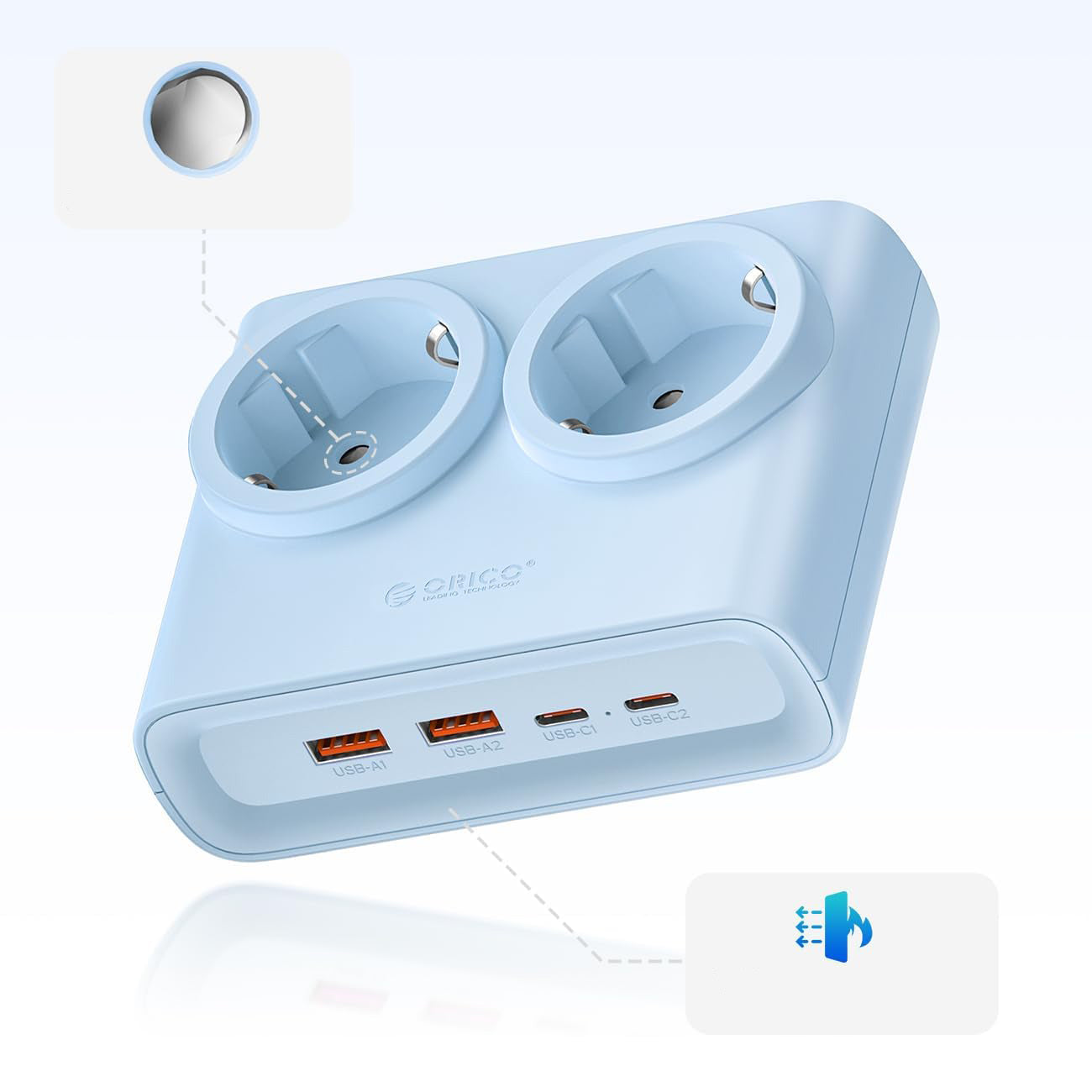 Orico PDC25 25W 6in1 prailgintuvas 2x AC + 2x USB-A + 2x USB-C - mėlynas