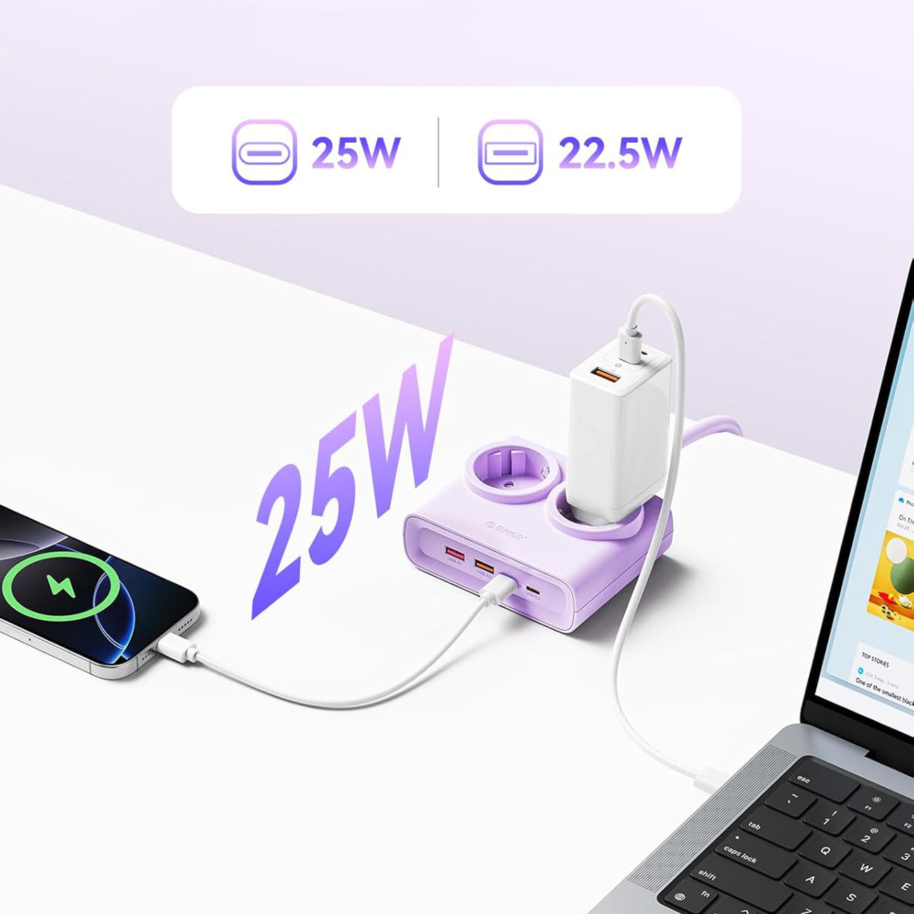 Orico PDC25 25W 6in1 prailgintuvas 2x AC + 2x USB-A + 2x USB-C - violetinis