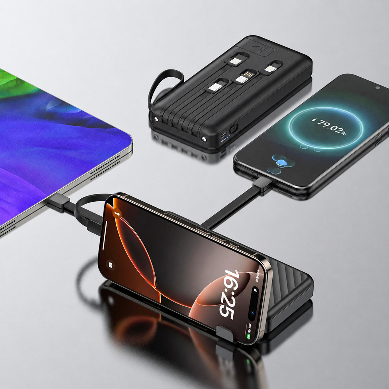 Wozinsky W11-B 10000mAh 10W Powerbank su integruotais kabeliais ir žibintuvėliu - Juoda
