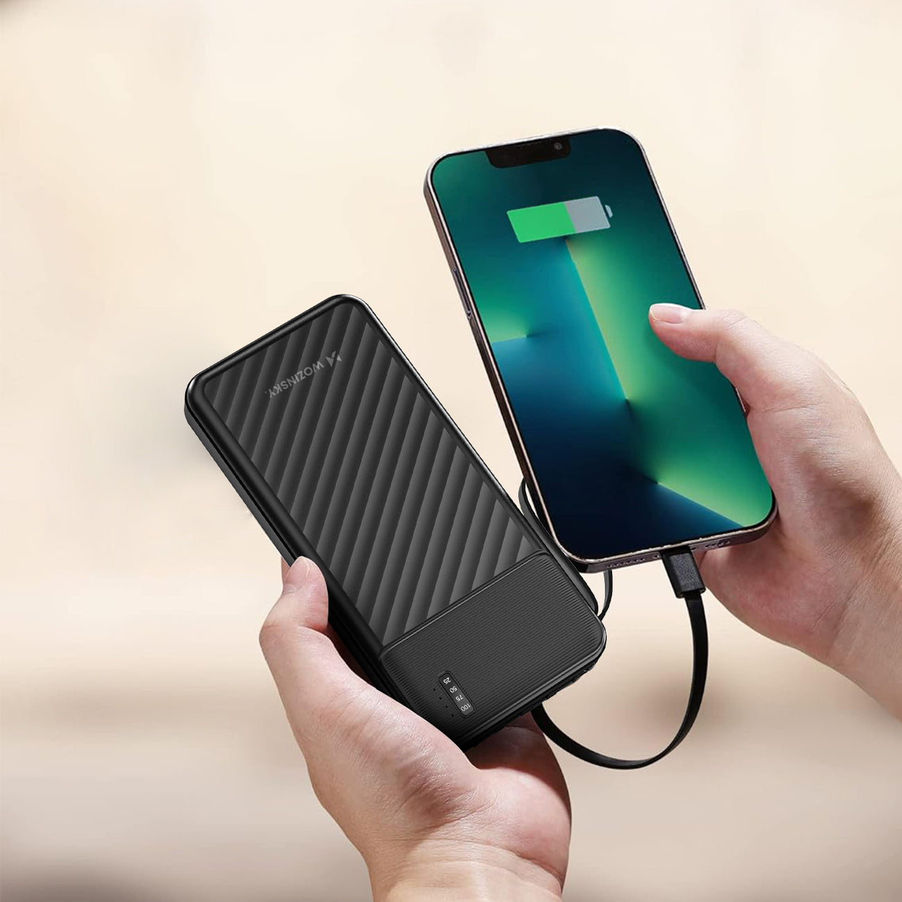Wozinsky W11-B 10000mAh 10W Powerbank su integruotais kabeliais ir žibintuvėliu - Juoda
