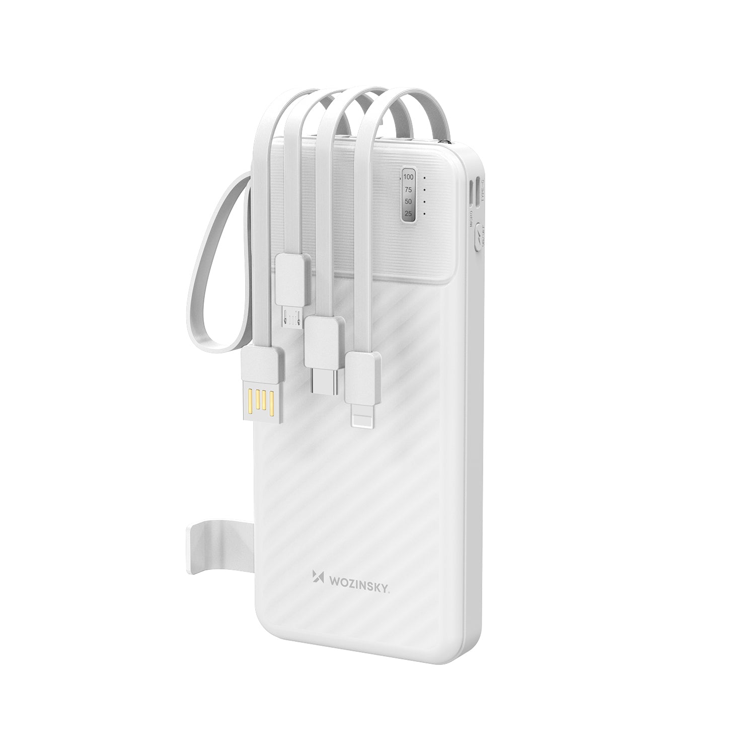 Wozinsky W11-W 10000mAh 10W Powerbank su integruotais kabeliais ir žibintuvėliu - Balta