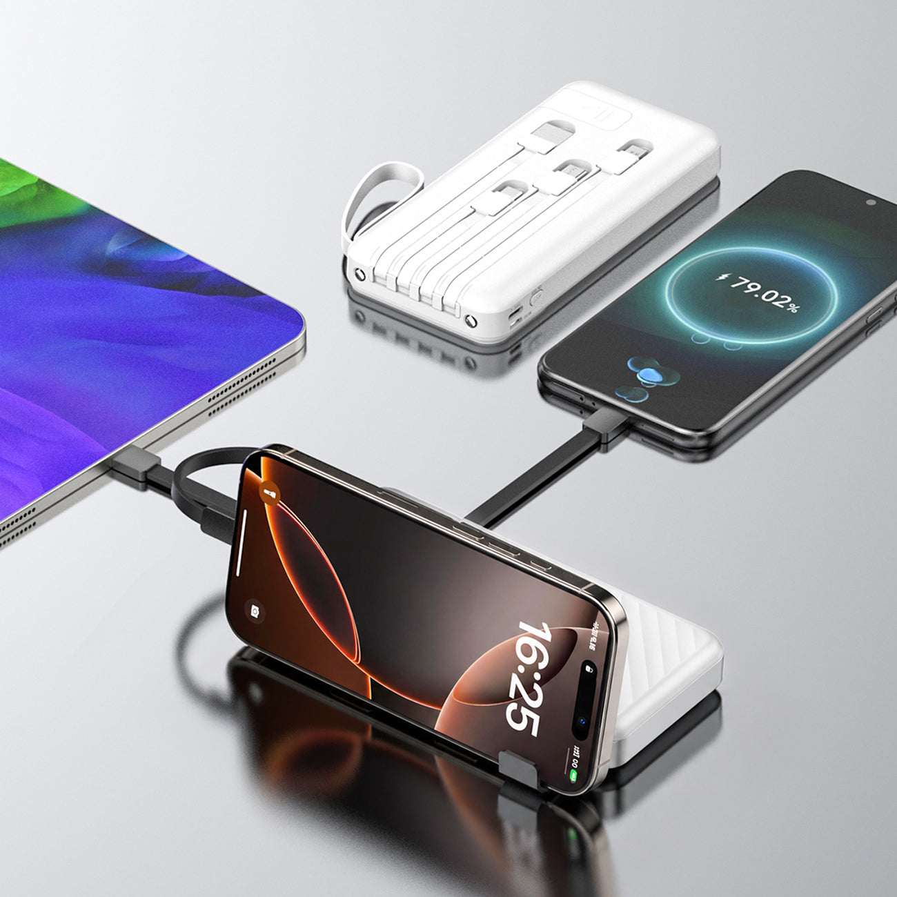 Wozinsky W11-W 10000mAh 10W Powerbank su integruotais kabeliais ir žibintuvėliu - Balta