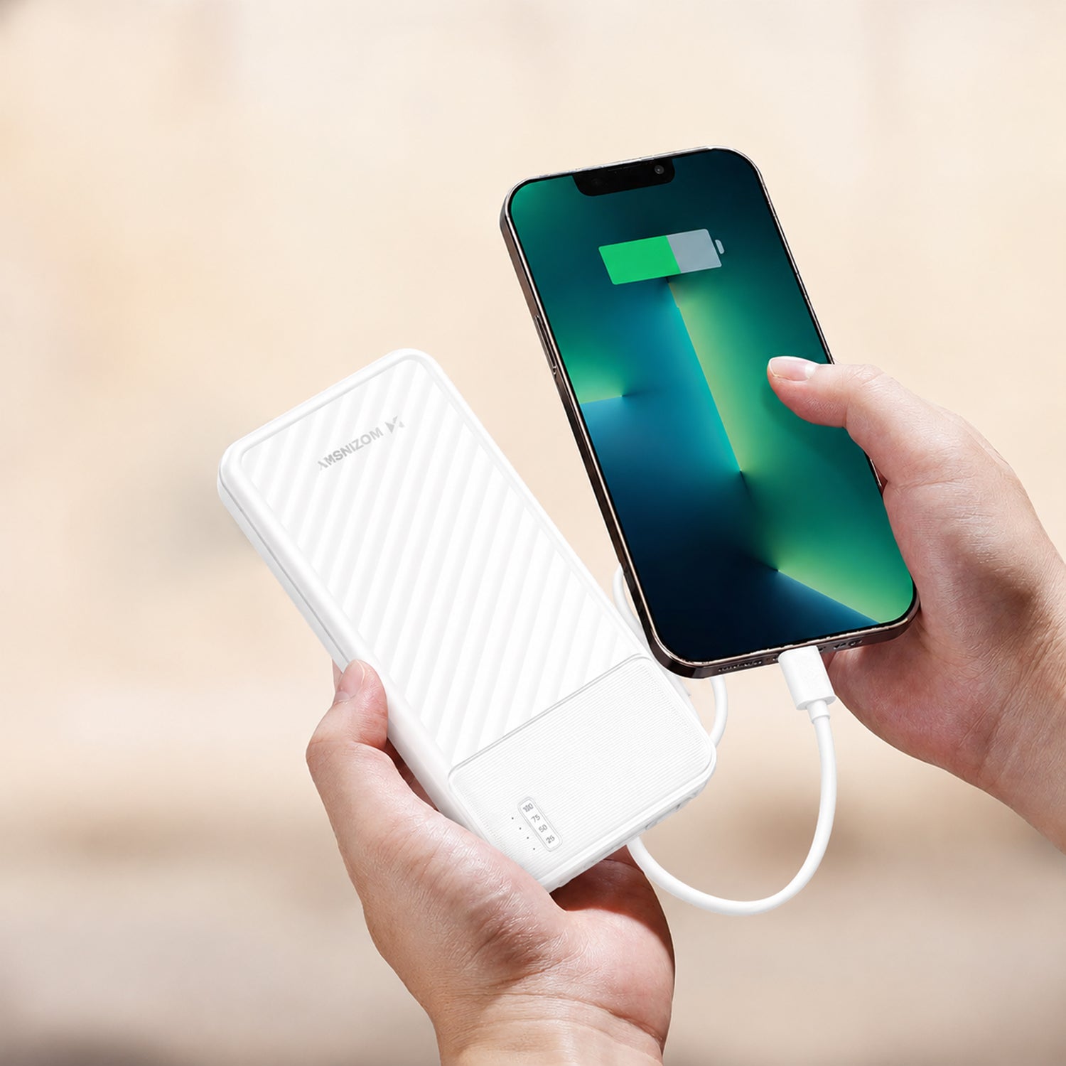 Wozinsky W11-W 10000mAh 10W Powerbank su integruotais kabeliais ir žibintuvėliu - Balta
