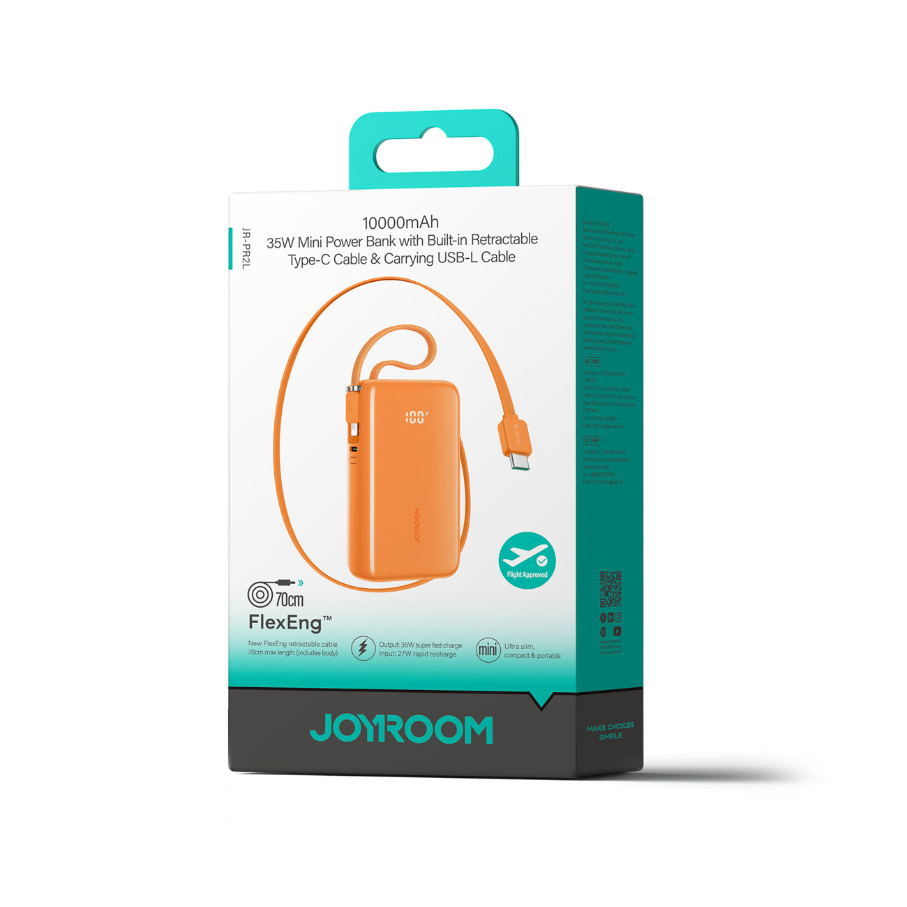 Joyroom JR-PR2 35W 10000mAh Powerbank su integruotais USB-C ir Lightning kabeliais - Oranžinė