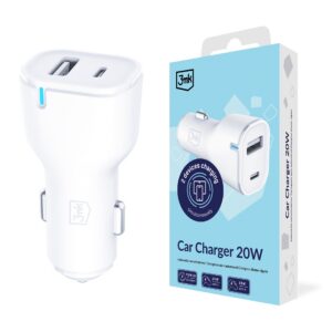 3mk automobilinis įkroviklis 20W PD3.0 QC 3.0 USB 1A1C – baltas