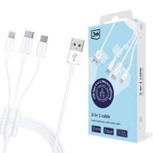3mk Kabelis 3in1 USB-A - micro USB / Lightning / USB-C 1.2m 20V/2.4A 15W - baltas