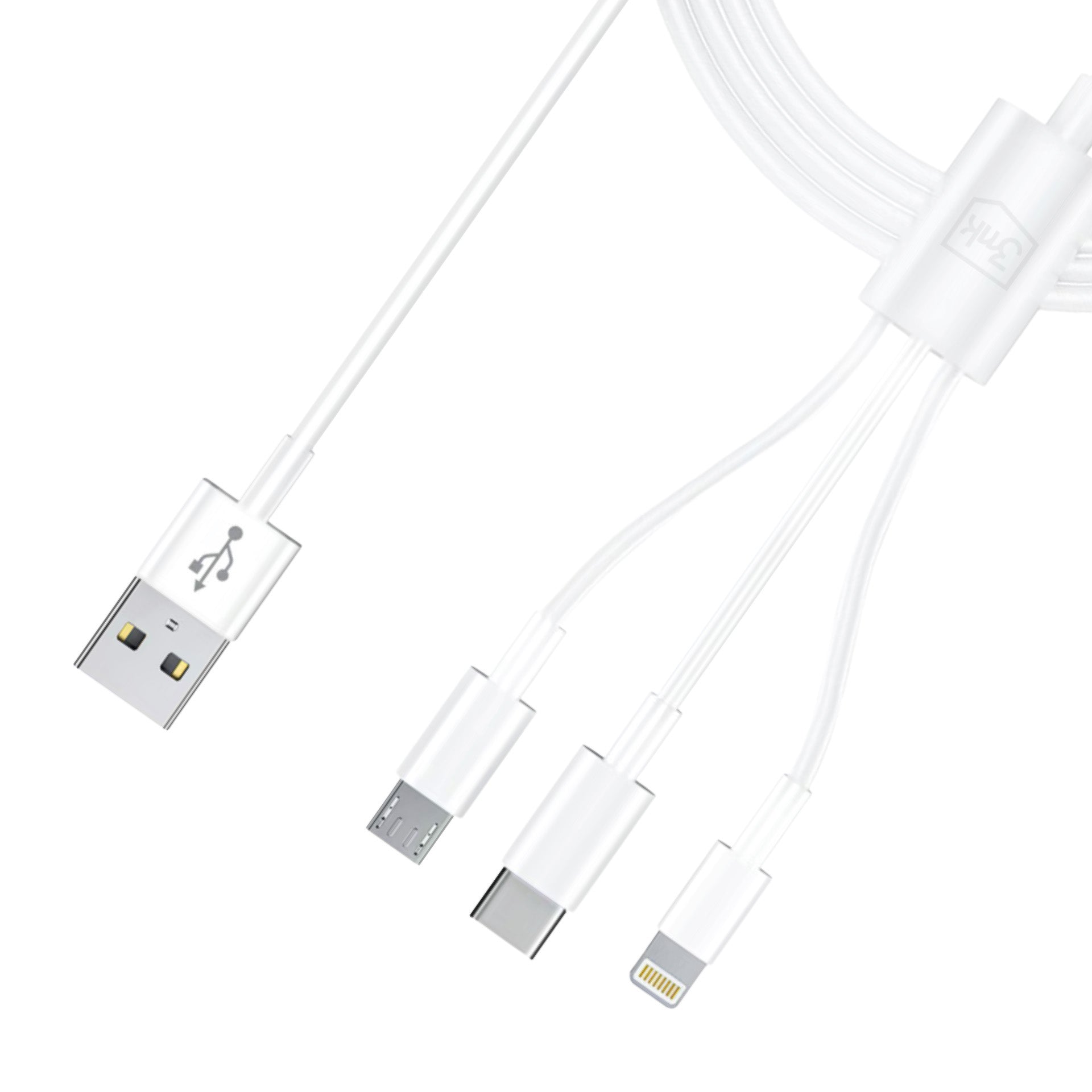 3mk Kabelis 3in1 USB-A - micro USB / Lightning / USB-C 1.2m 20V/2.4A 15W - baltas