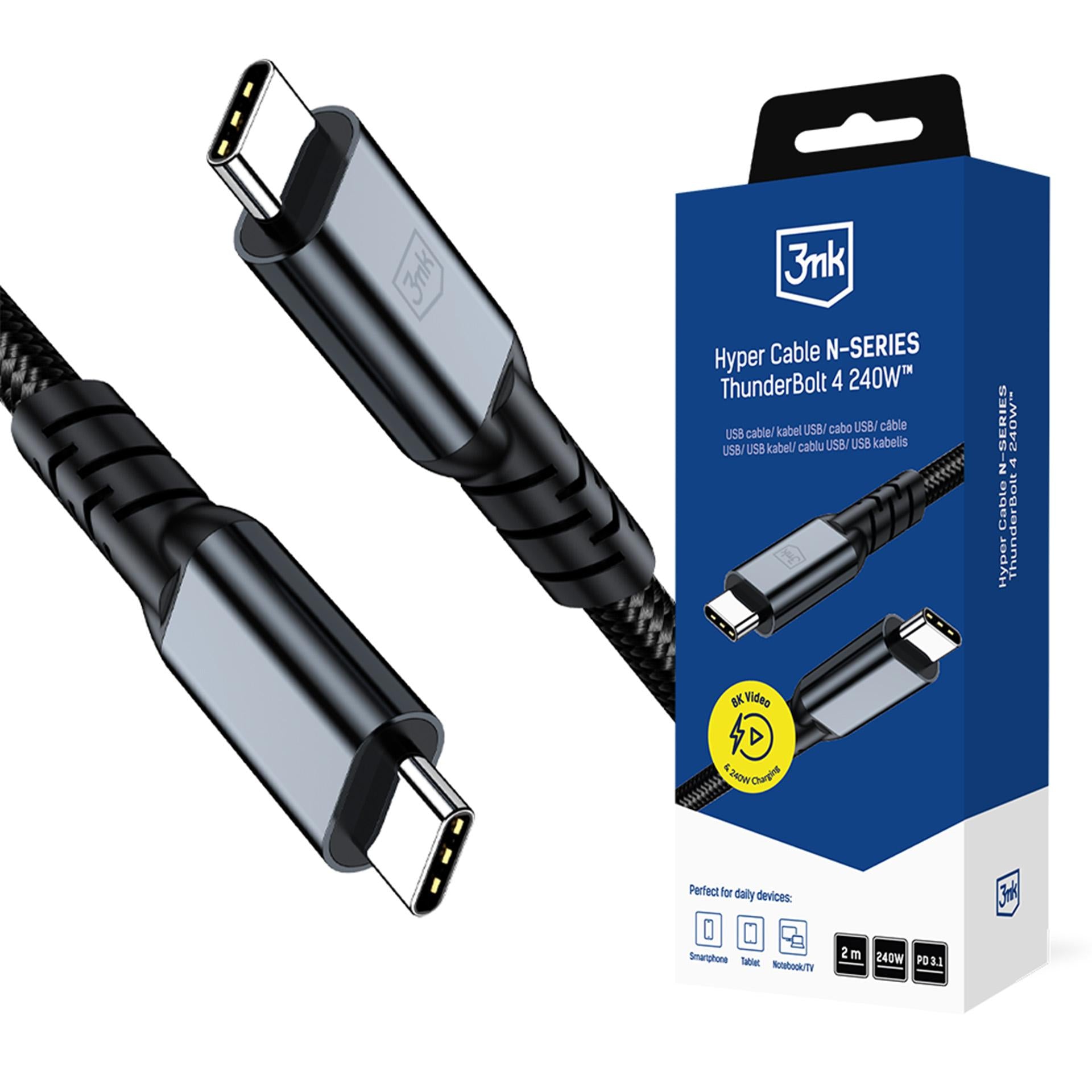 3mk Hyper Cable N-SERIES USB-C / USB-C Thunderbolt 4 2m 48V / 5A 40Gb/s 240W 8K60Hz - juodas