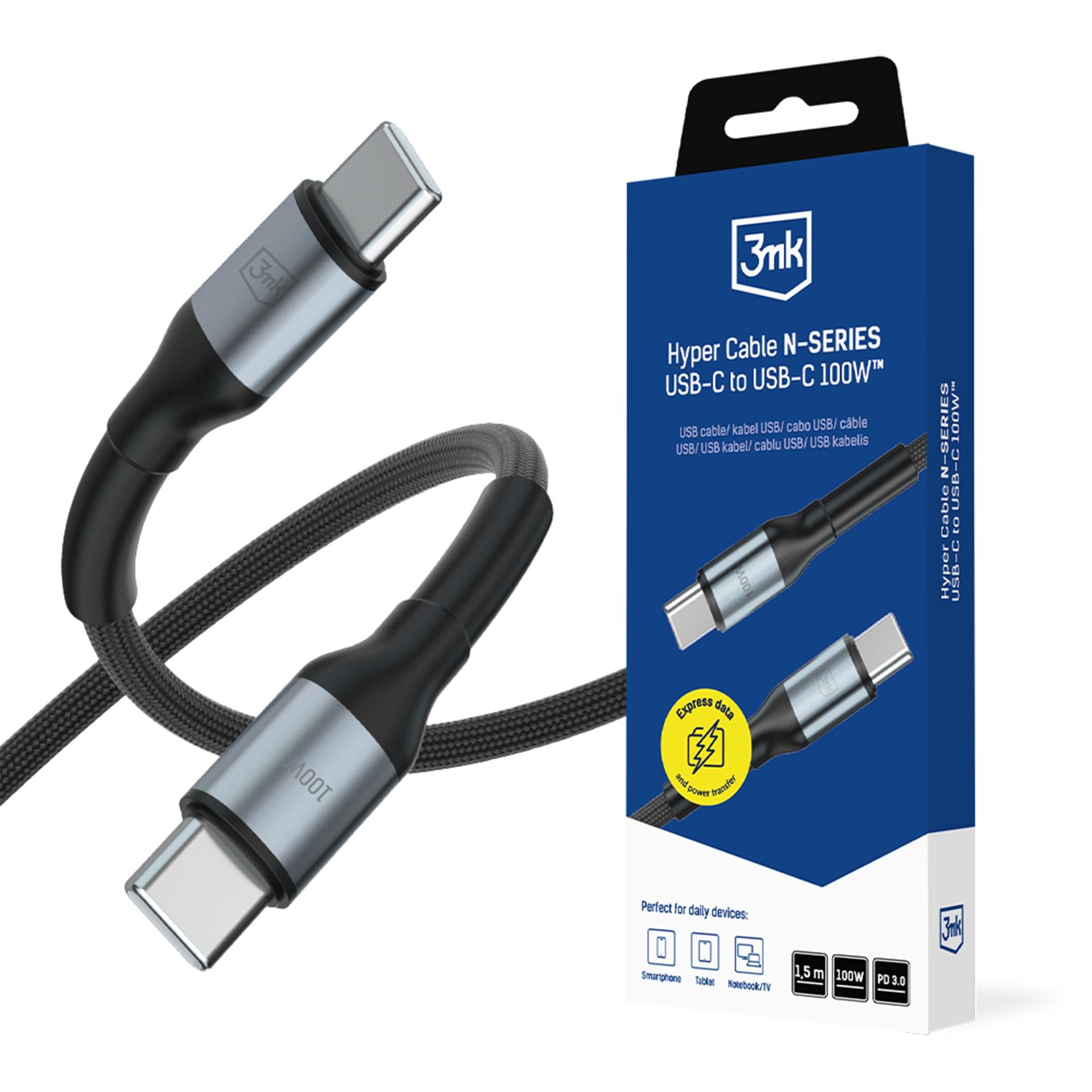 3mk Hyper Cable N-SERIES USB-C / USB-C 1.5m PD 3.0 QC 3.0 20V / 5A 100W - juodas