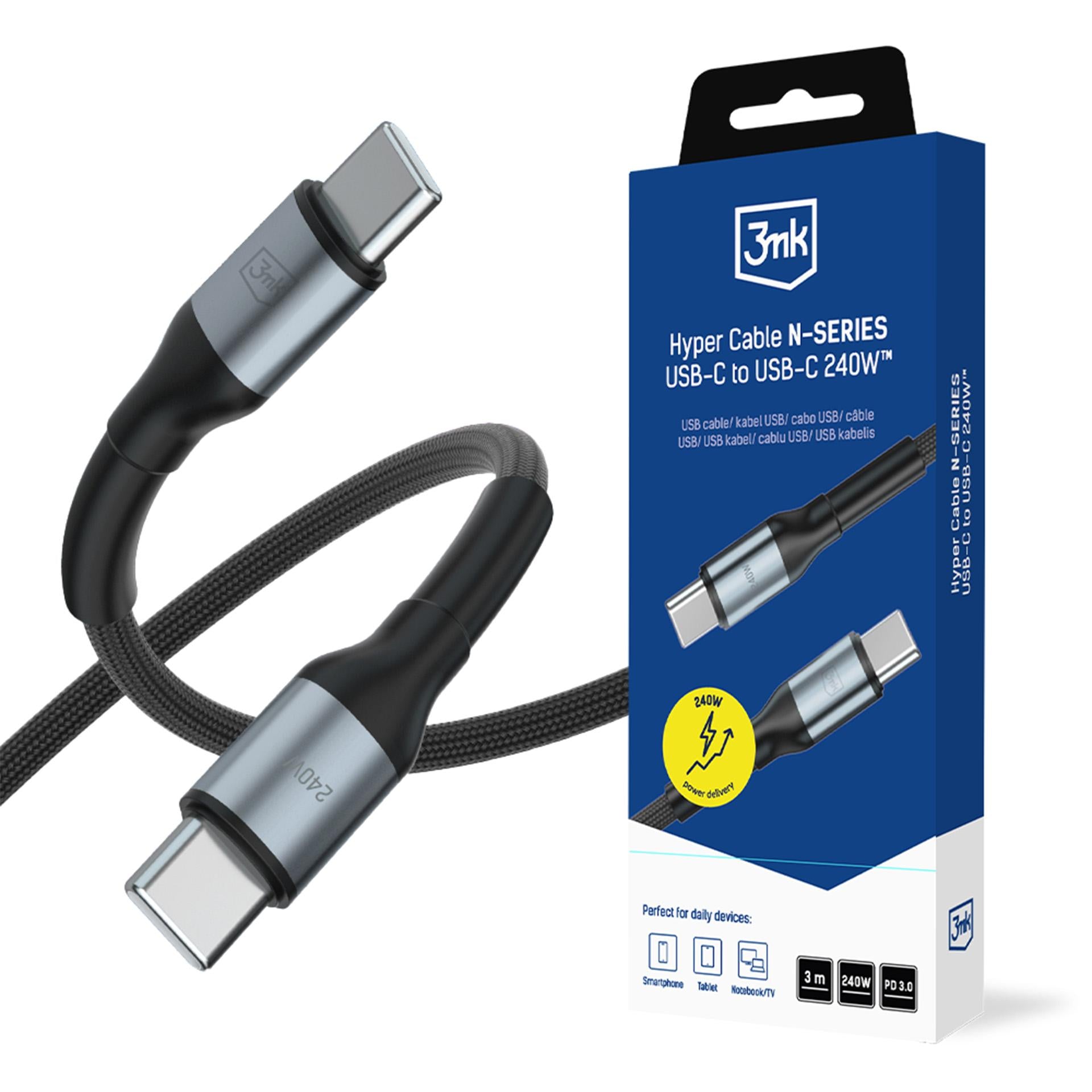3mk Hyper Cable N-SERIES USB-C / USB-C 3m PD 3.0 QC 3.0 48V / 5A 240W - juodas