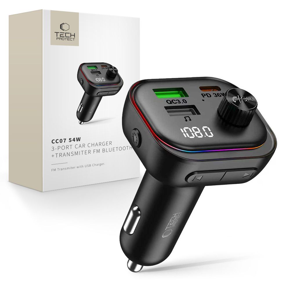 Tech-Protect CC07 automobilinis įkroviklis 3 prievadai PD 54W + FM Bluetooth siųstuvas - juodas