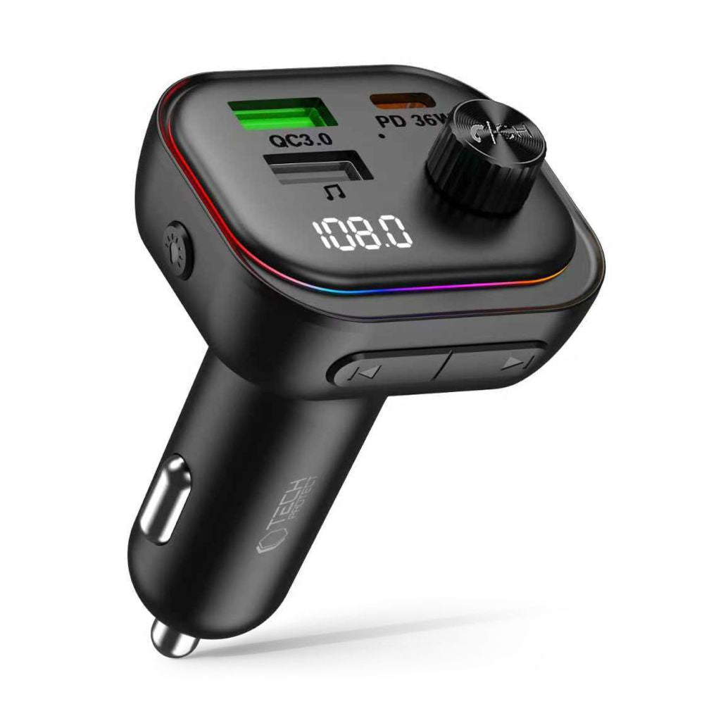 Tech-Protect CC07 automobilinis įkroviklis 3 prievadai PD 54W + FM Bluetooth siųstuvas - juodas