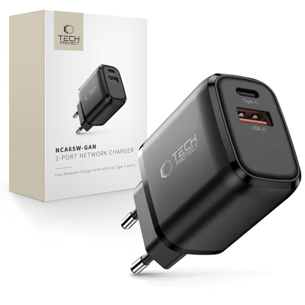 Tech-Protect NCA65W-GAN PD 65W / QC3.0 2 prievadų tinklo įkroviklis - juodas