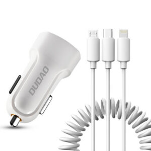 Dudao automobilinis rinkinio įkroviklis 2x USB 2.4A + USB 3in1 Lightning / Type C / micro USB laidas baltas (R7 white)