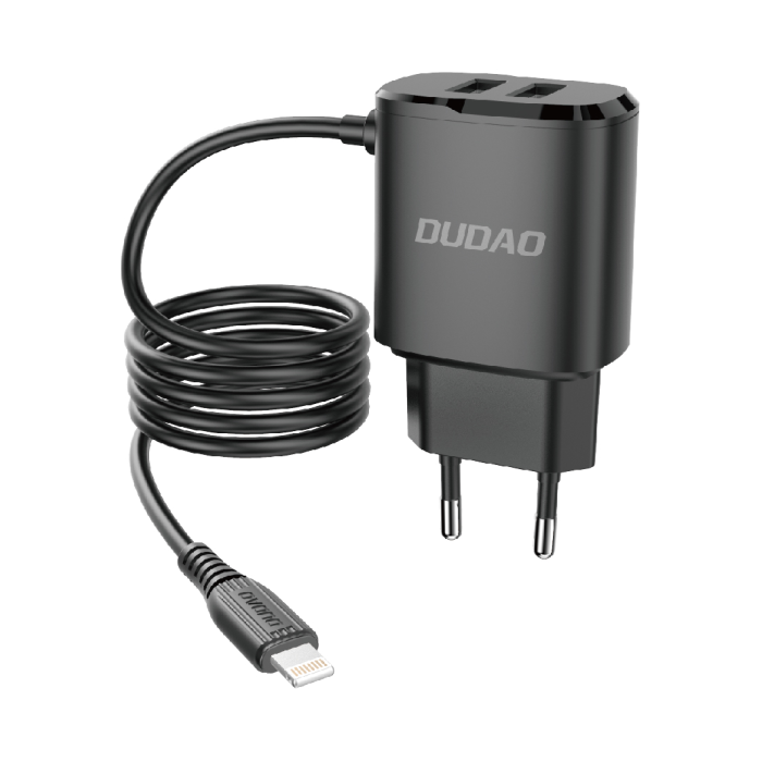Dudao įkroviklis 2x USB su integruotu 12W Lightning laidu juodas (A2ProL black)
