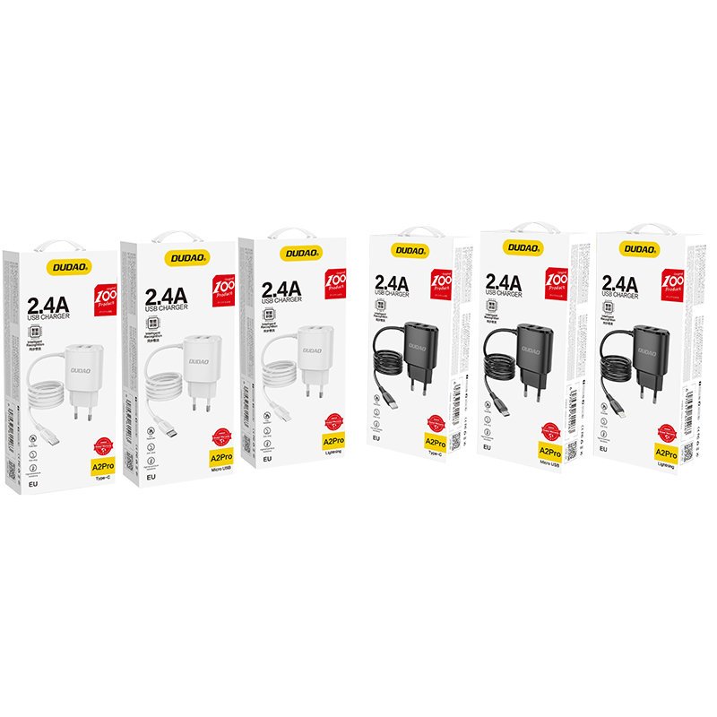 Dudao įkroviklis 2x USB su integruotu 12W Lightning laidu juodas (A2ProL black)
