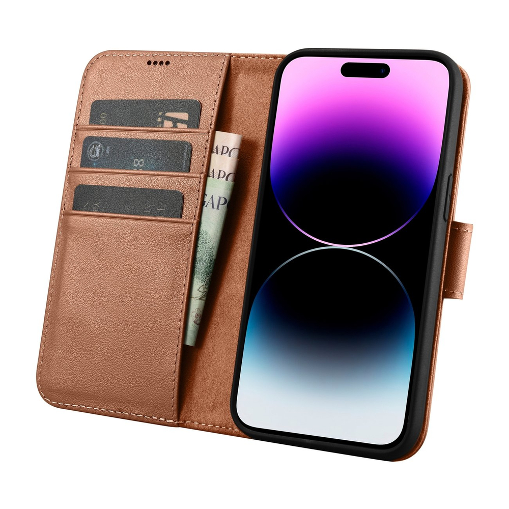 iCarer 2in1 odinis dėklas-piniginė iPhone 14 Pro – rudas