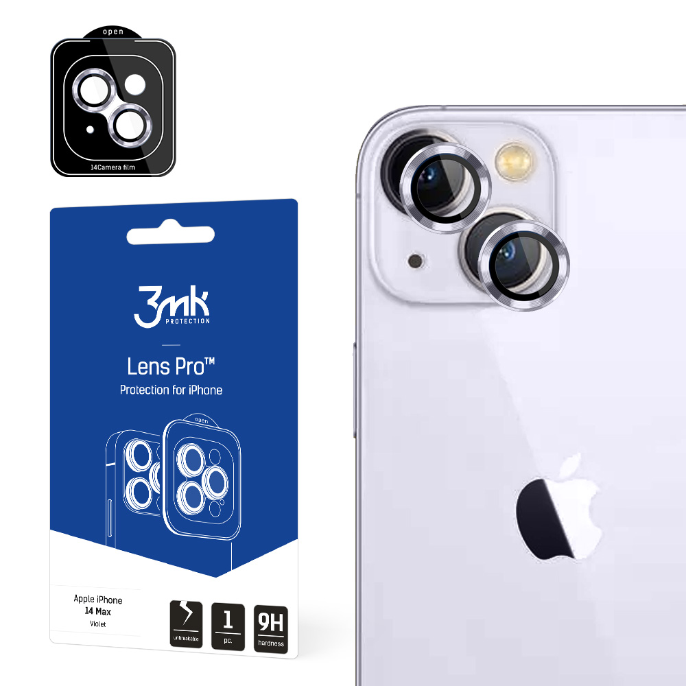 „iPhone 14 Plus 9H“ fotoaparato stiklas, skirtas 3mk objektyvo apsaugos Pro serijos objektyvui – violetinis