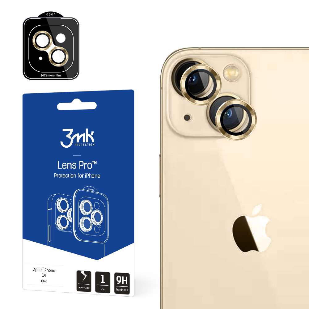 Kameros stiklas skirtas iPhone 14 9H 3mk Lens Protection Pro serijos objektyvui - auksinis