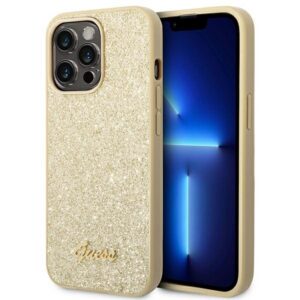 Guess Glitter Script dėklas iPhone 14 Pro – auksinis