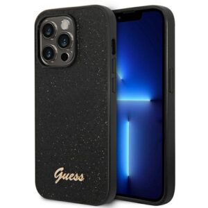 Guess Glitter Script dėklas iPhone 14 Pro – juodas