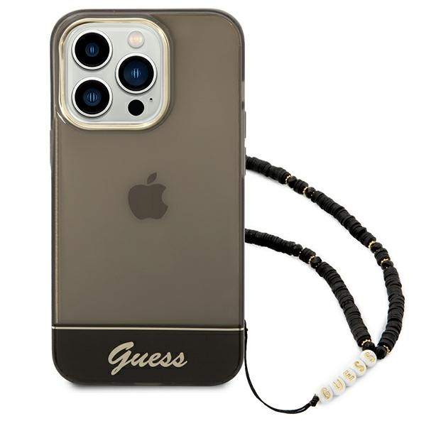 Guess dėklas iPhone 14 Pro su perlo dirželiu – juodas
