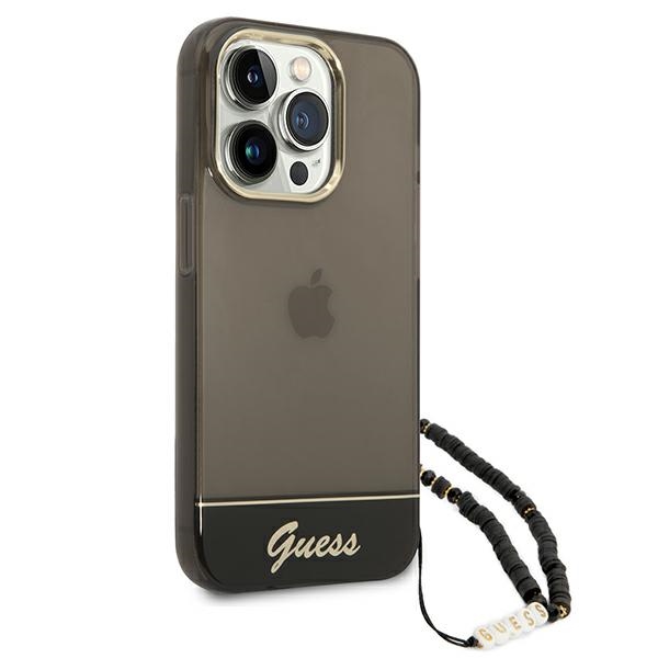 Guess dėklas iPhone 14 Pro su perlo dirželiu – juodas