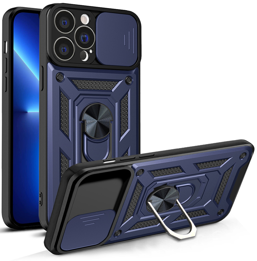Šarvuotas dėklas iPhone 13 Pro Max su kameros dangteliu – mėlynas