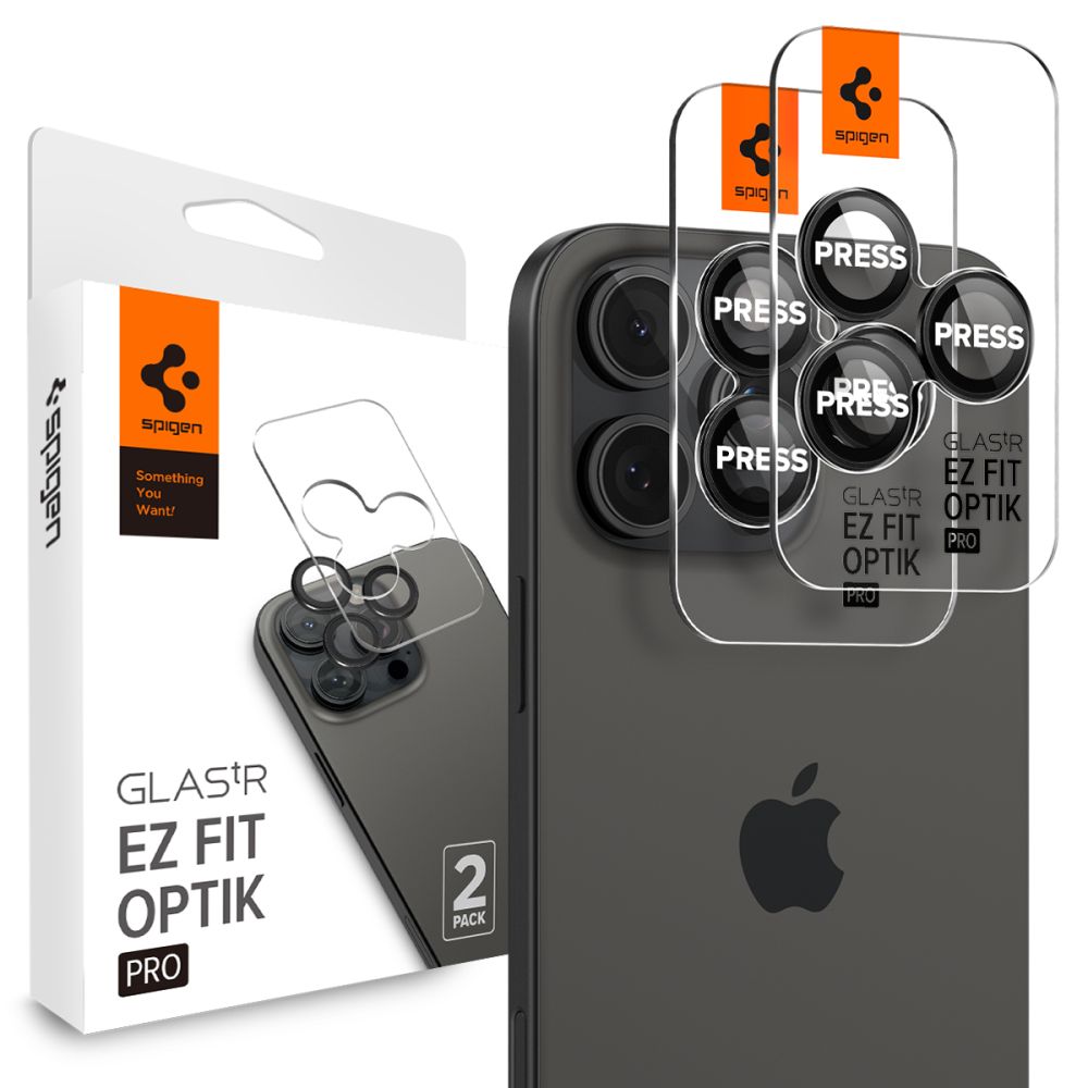 Kameros apsauginis stiklas Spigen Optik.tR EZ Fit, 2 vnt., iPhone 14 Pro / 14 Pro Max / 15 Pro / 15 Pro Max / 16 Pro / 16 Pro Max / 17 Pro / 17 Pro Max, juodas