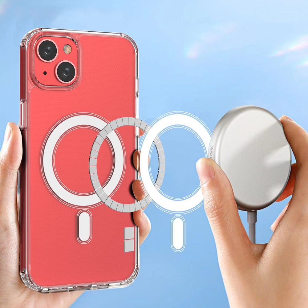 MagSafe skaidrus dėklas iPhone 14 Plus – sidabrinis žiedas