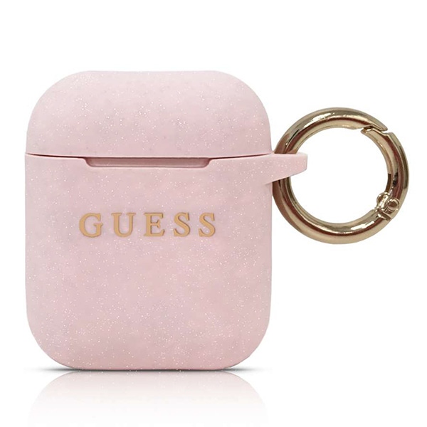 Guess silikoninis dėklas AirPods – šviesiai rožinis, blizgus