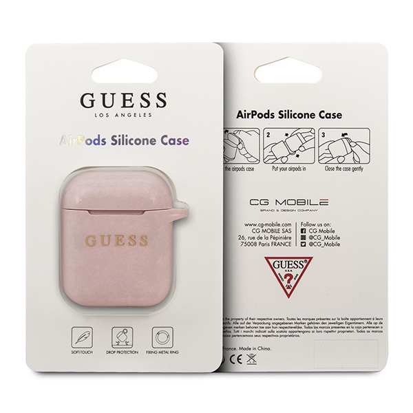 Guess silikoninis dėklas AirPods – šviesiai rožinis, blizgus